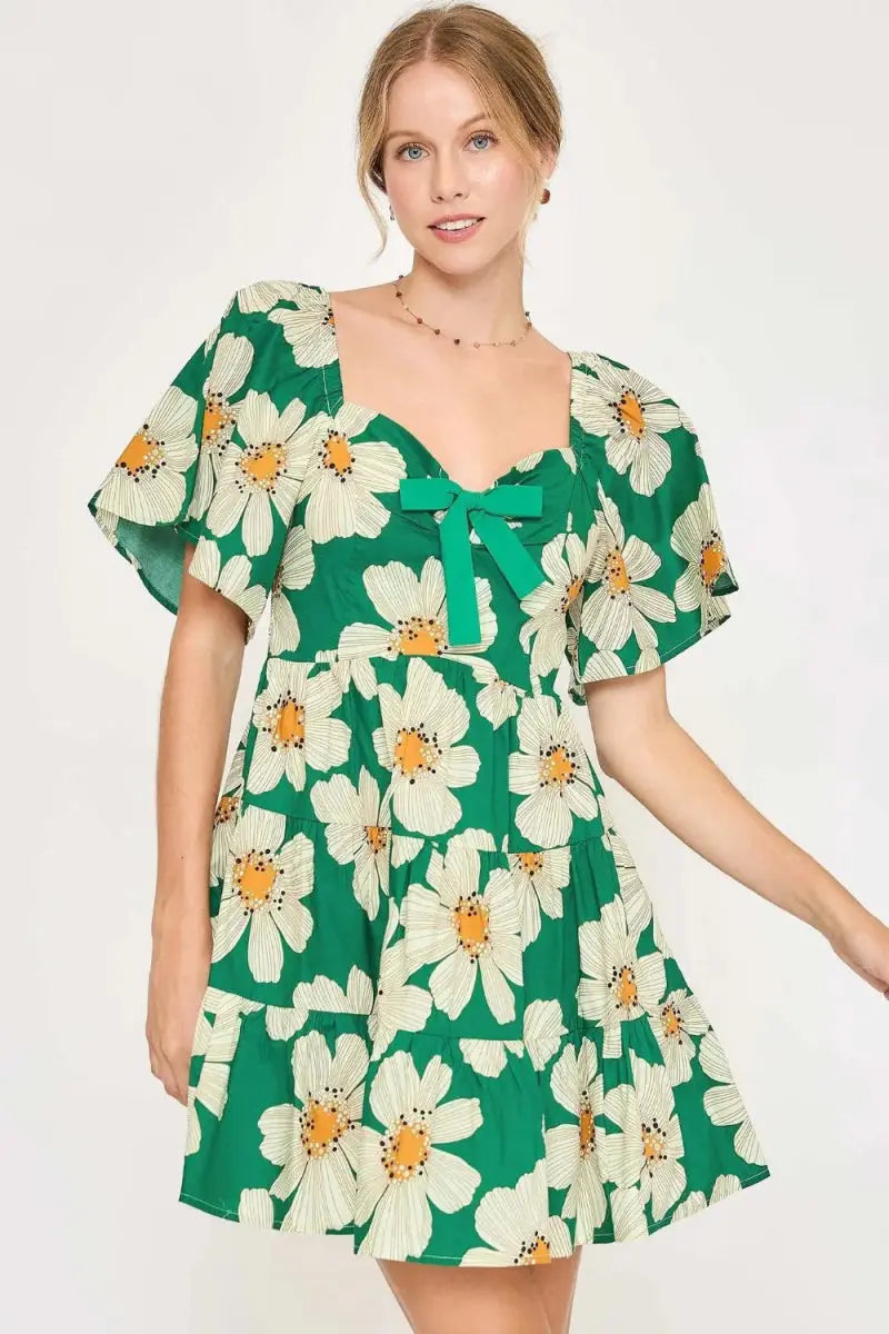 Umgee Full Size Daisy Print Mini Dress with Ribbon Details Plus Size - Love Salve